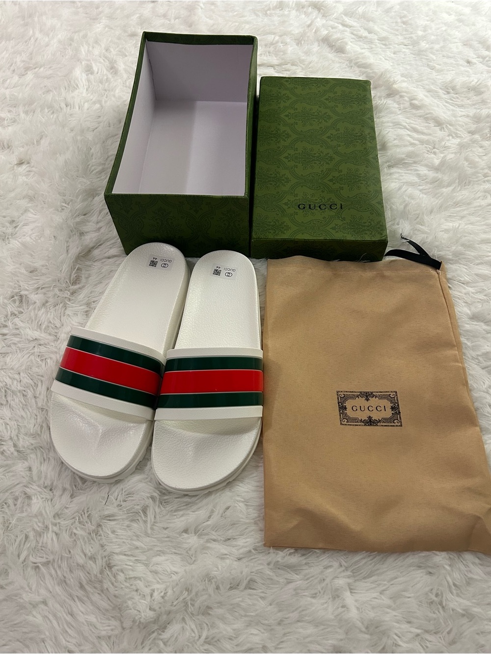 Gucci White Slides with Signature Green and Red Stripes